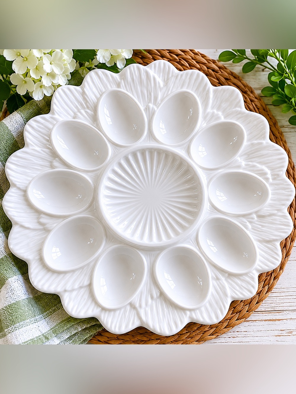 Vintage White Ceramic Deviled Egg Platter Tray 10 Egg Scalloped Floral 12”